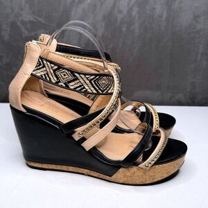 Torrid Sandals Womens Sz 10 Black Beige Strappy Wedge Woven Chain Accents Resort